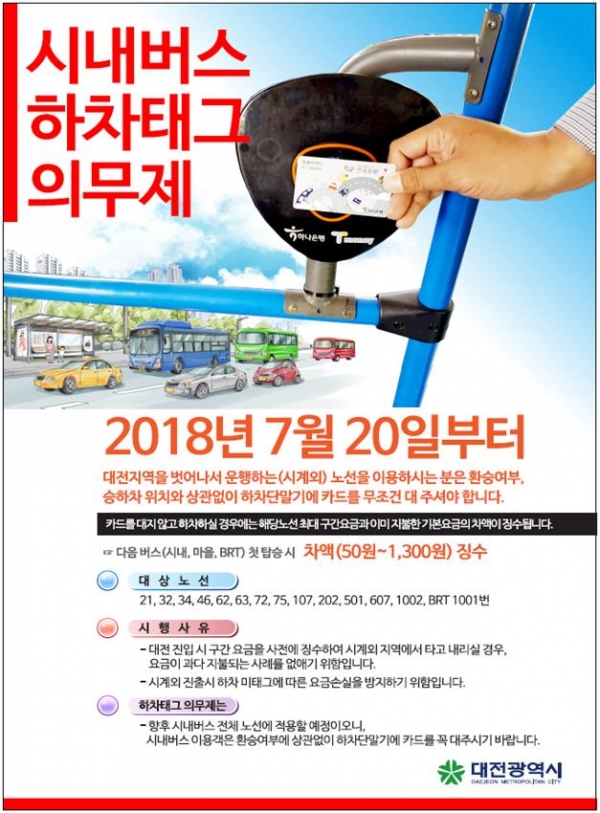 대전 하차태그 의무제는 시내버스 13개 노선과 대전역~오송역 BRT 1개 노선(1001번)등 총 14개 노선에 대해 우선 적용된다.