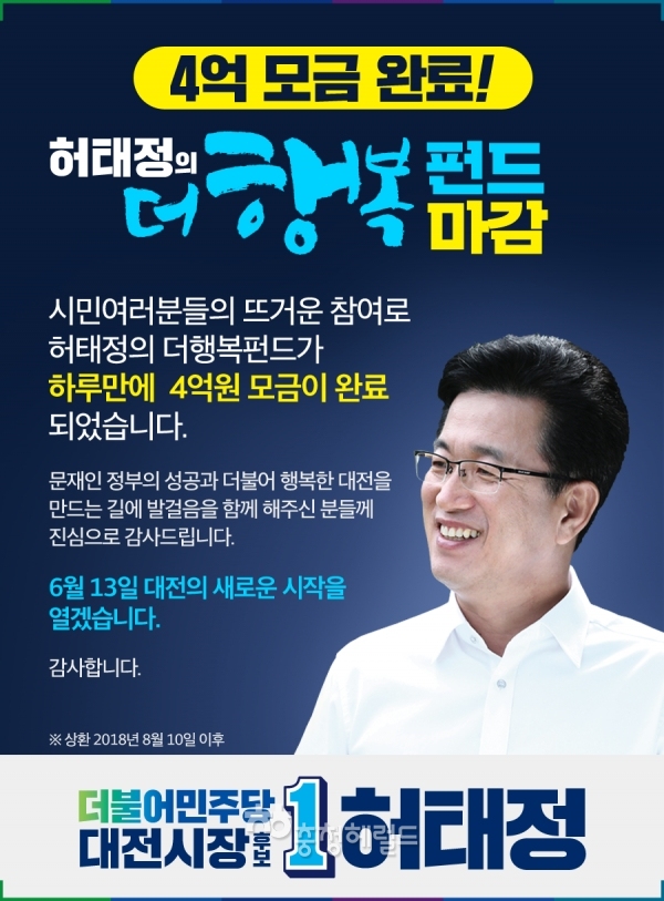 더불어민주당 허태정 대전시장 후보의 선거펀드인 ‘허태정의 더행복펀드’가 조기 마감됐다.