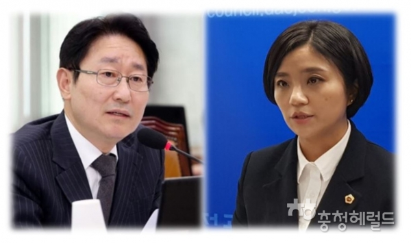 김소연 대전시의원(우측)이 4일 민주당 중앙당을 방문, 지방선거 금품요구 묵인 및 방조 등을 이유로 박범계 국회의원(좌측)에 대한 징계를 청원했다.