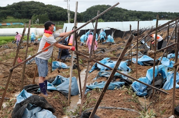양승조 충남지사는 지난 9일 천안시 동남구 수신면 장산리 일원의 침수 피해 농가를 찾아 수해 복구 활동을 펼쳤다.