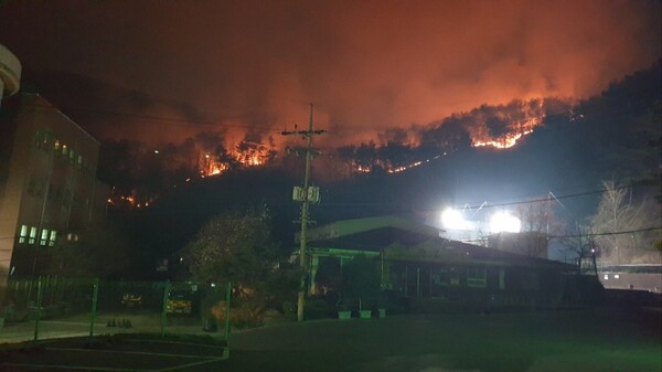 대전 산직동 인근 야산에 불이 번지고 있는 모습. [자료 제공 대전소방본부]